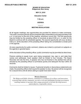 REGULAR PUBLIC MEETING MAY 21, 2018 1 at All Regular Meetings, Two Opportunities Are Provided for Citizens to Make Comments