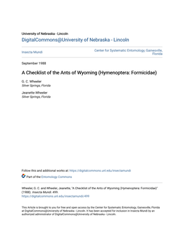 A Checklist of the Ants of Wyoming (Hymenoptera: Formicidae)