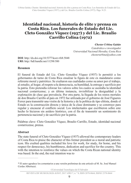 Identidad Nacional, Historia De Elite Y Prensa En Costa Rica. Los Funerales De Estado Del Lic. Cleto González Víquez (1937) Y Del Lic