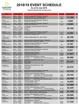 2018/19 EVENT SCHEDULE As of 23 July 2018 * Stadium Membership Included Event