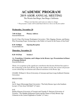 ACADEMIC PROGRAM 2019 ASOR ANNUAL MEETING the Westin San Diego, San Diego, California