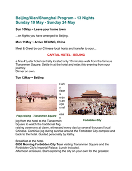 Beijing/Xian/Shanghai Program - 13 Nights Sunday 10 May - Sunday 24 May