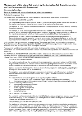 Management of the Inland Rail Project by the Australian Rail Track Corporation and the Commonwealth Government Submission by Peter Egan Term of Reference B