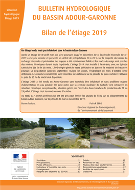 Bilan De L'étiage 2019 BULLETIN HYDROLOGIQUE DU BASSIN