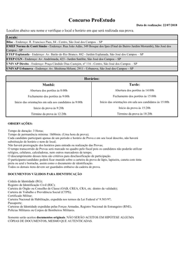 Concurso Proestudo Data De Realização: 22/07/2018 Localize Abaixo Seu Nome E Verifique O Local E Horário Em Que Será Realizada Sua Prova