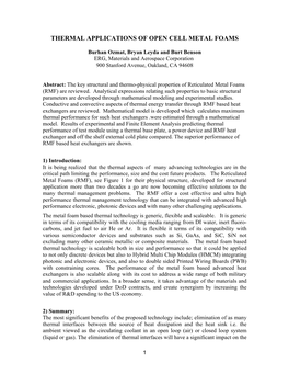 Thermal Applications of Open Cell Metal Foams