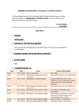 Armidale District Netball Association Agenda