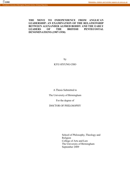 The Move to Independence from Anglican Leadership: an Examination of the Relationship Between Alexander Alfred Boddy and The