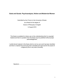 Gods and Goods: Psychoanalysis, Holism and Modernist Women