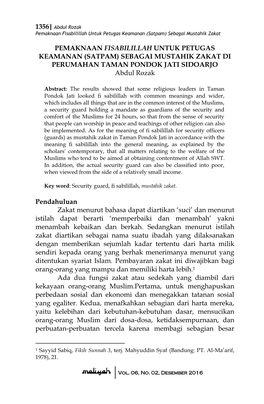 PEMAKNAAN FISABILILLAH UNTUK PETUGAS KEAMANAN (SATPAM) SEBAGAI MUSTAHIK ZAKAT DI PERUMAHAN TAMAN PONDOK JATI SIDOARJO Abdul Rozak