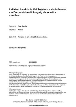 Il Dialect Local Dalla Val Tujetsch E Sia Influenza Sin L'acquisiziun Dil Lungatg Da Scartira Sursilvan