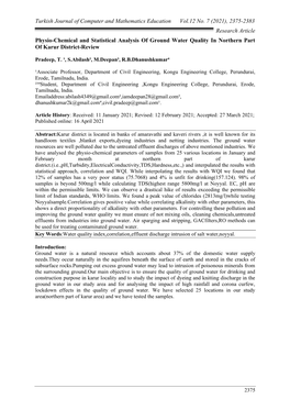 2375-2383 Research Article Physio-Chemical and Statistical Analysis of Ground Water Quality in Northern Part of Karur District-Review