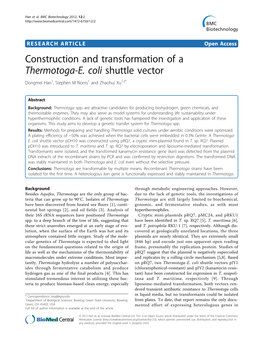 Construction and Transformation of a Thermotoga-E. Coli Shuttle Vector Dongmei Han1, Stephen M Norris1 and Zhaohui Xu1,2*