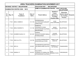 Urdu Teachers Examination November 2017 Revanue District : Malappuram Education Dist : Malappuram Name of Examination Centre : Govt
