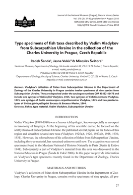 Type Specimens of Fish Taxa Described by Vadim Vladykov from Subcarpathian Ukraine in the Collection of the Charles University in Prague, Czech Republic