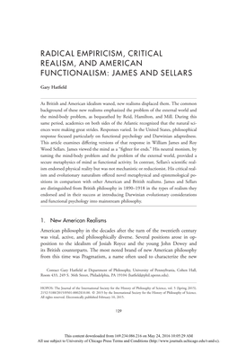 Radical Empiricism, Critical Realism, and American Functionalism: James and Sellars