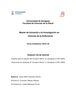 Universidad De Zaragoza Facultad De Ciencias De La Salud Master De Iniciación a La Investigación En Ciencias De La Enfermería