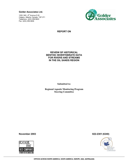 REPORT on REVIEW of HISTORICAL BENTHIC INVERTEBRATE DATA for RIVERS and STREAMS in the OIL SANDS REGION Submitted To