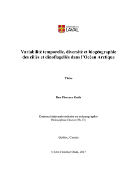 Variabilité Temporelle, Diversité Et Biogéographie Des Ciliés Et Dinoflagellés Dans L’Océan Arctique