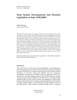 Party System Developments and Electoral Legislation in Italy (1948-2009)