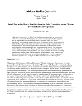 Small Towns in Ghana: Justifications for Their Promotion Under Ghana's Decentralisation Programme