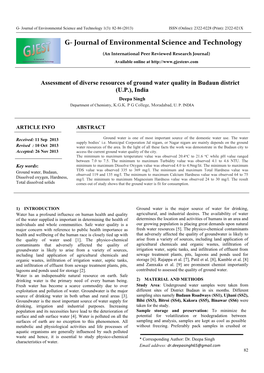 Assessment of Diverse Resources of Ground Water Quality in Budaun District (U.P.), India Deepa Singh Department of Chemistry, K.G.K