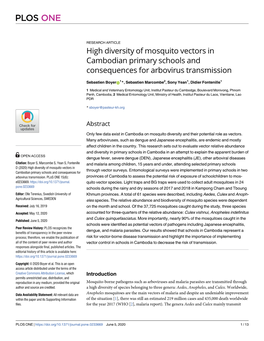 High Diversity of Mosquito Vectors in Cambodian Primary Schools and Consequences for Arbovirus Transmission