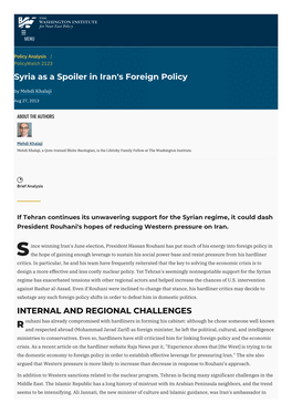 Syria As a Spoiler in Iran's Foreign Policy | the Washington Institute