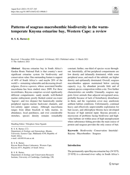 Patterns of Seagrass Macrobenthic Biodiversity in the Warm- Temperate Knysna Estuarine Bay, Western Cape: a Review