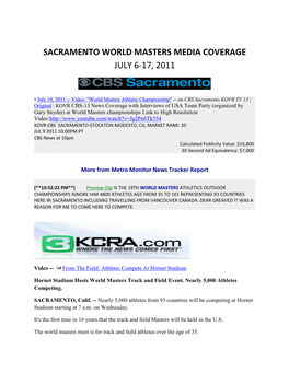 Sacramento World Masters Media Coverage July 6-17, 2011