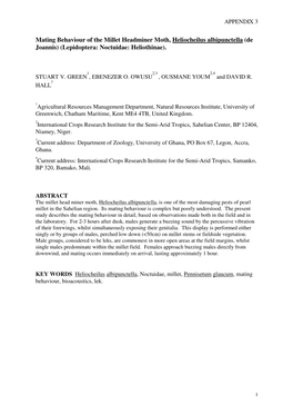 Mating Behaviour of the Millet Headminer Moth, Heliocheilus Albipunctella (De Joannis) (Lepidoptera: Noctuidae: Heliothinae)