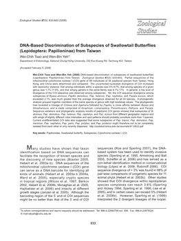DNA-Based Discrimination of Subspecies of Swallowtail Butterflies (Lepidoptera: Papilioninae) from Taiwan