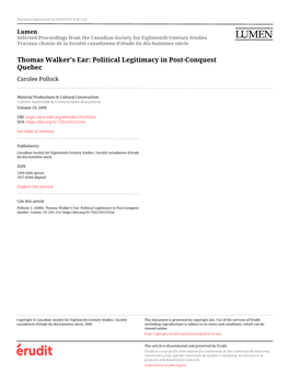Thomas Walker's Ear: Political Legitimacy in Post-Conquest Quebec Carolee Pollock