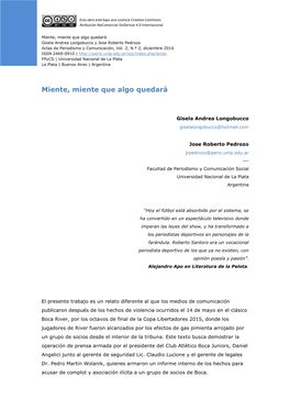 Miente, Miente Que Algo Quedará Gisela Andrea Longobucco Y Jose Roberto Pedrozo Actas De Periodismo Y Comunicación, Vol