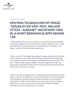 Feat. Million Stylez - Albumet "Akustiken" Med Bl.A Marit Bergman Släpps Senare I År