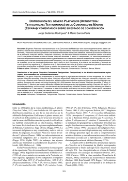 Distribución Del Género Platycleis (Orthoptera: Tettigoniidae: Tettigoniinae) En La Comunidad De Madrid (España)Y Comentarios Sobre Su Estado De Conservación