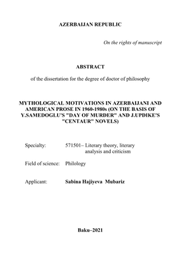 AZERBAIJAN REPUBLIC on the Rights of Manuscript ABSTRACT Of