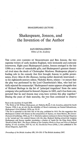 Shakespeare, Jonson, and the Invention of the Author