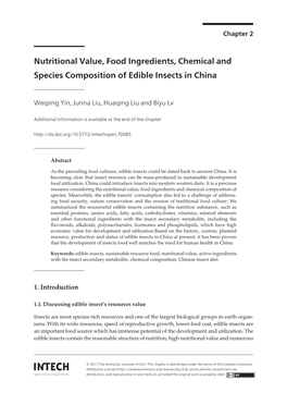 Nutritional Value, Food Ingredients, Chemical and Species Composition of Edible Insects in China 29