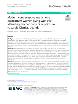 Modern Contraceptive Use Among Postpartum Women Living with HIV Attending Mother Baby Care Points in Kabarole District, Uganda Andrew K