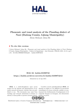 Phonemic and Tonal Analysis of the Pianding Dialect of Naxi (Dadong County, Lijiang Municipality) Alexis Michaud, Likun He