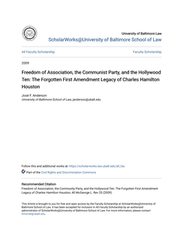 Freedom of Association, the Communist Party, and the Hollywood Ten: the Forgotten First Amendment Legacy of Charles Hamilton Houston