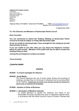 9 September 2020 To: the Chairman and Members of Somercotes Parish Council Dear Councillor You Are Summoned to Attend the Ordin