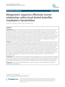 Mitogenomic Sequences Effectively Recover Relationships Within Brush-Footed Butterflies (Lepidoptera: Nymphalidae)