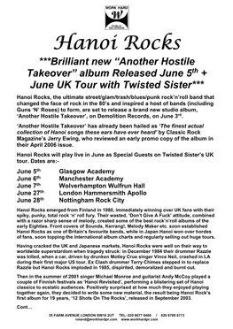 Hanoi Rocks ***Brilliant New “Another Hostile Takeover” Album Released June 5Th + June UK Tour with Twisted Sister***