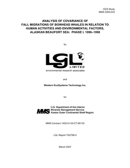 Analysis of Covariance of Fall Migrations of Bowhead Whales in Relation to Human Activities and Environmental Factors, Alaskan Beaufort Sea: Phase I, 1996–1998