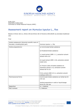 Assessment Report on Humulus Lupulus L., Flos