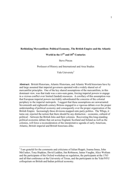 Rethinking Mercantilism: Political Economy, the British Empire and the Atlantic World in the 17Th and 18Th