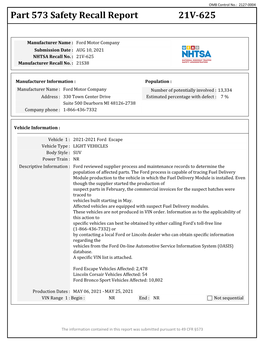 Part 573 Safety Recall Report 21V-625