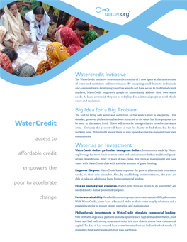 Watercredit Initiative the Watercredit Initiative Represents the Creation of a New Space at the Intersection of Water and Sanitation and Microfinance